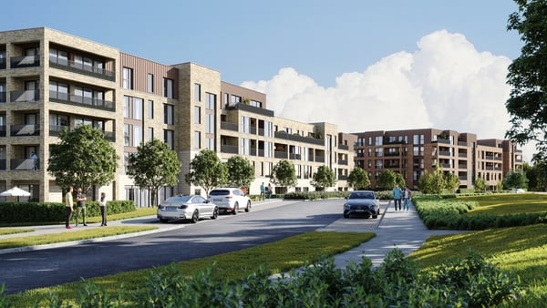 A computer generated image of blocks of apartments surrounded by green areas