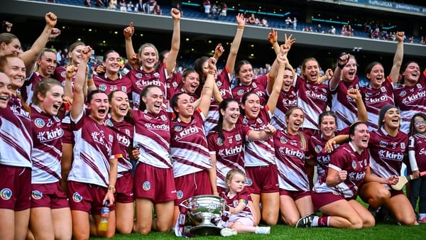 Galway players celebrate after the Glen Dimplex All-Ireland Senior Camogie Championship final match between Cork and Galway at Croke Park in Dublin.