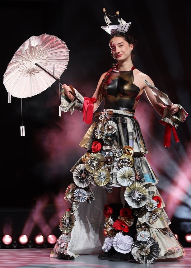 Laura Peterfalvi pictured ahead of the Junk Kouture World Final in the Helix in the creation Marie-Antoinette À La Rose by Laura Peterfalvi, Vaudru Dit Besnard from Lycée Professionnel Ferdinand Buisson, France, made from newspapers, transport tickets and magazine.Picture Brian McEvoy No Repro feeCo