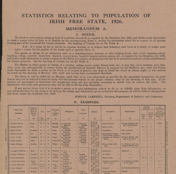 Census instructions from 1926 for Ballydaheen in Co Cork