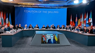 Prime Minister of the United Kingdom Keir Starmer takes part in a meeting of the Coalition of the Willing via video link