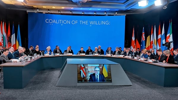 Prime Minister of the United Kingdom Keir Starmer takes part in a meeting of the Coalition of the Willing via video link