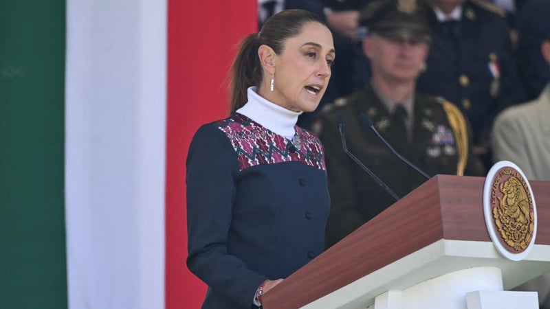 Mexico’s President Claudia Sheinbaum delivers a speech during the celebration of Flag Day