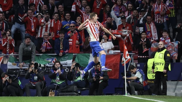 Atletico Madrid's Norwegian forward #09 Alexander Sorloth celebrates scoring his team's fourth goal, his hat trick, during the UEFA Champions League knockout round play-off second leg football match between Club Atletico de Madrid and Club Brugge KV at Metropolitano Stadium in Madrid 