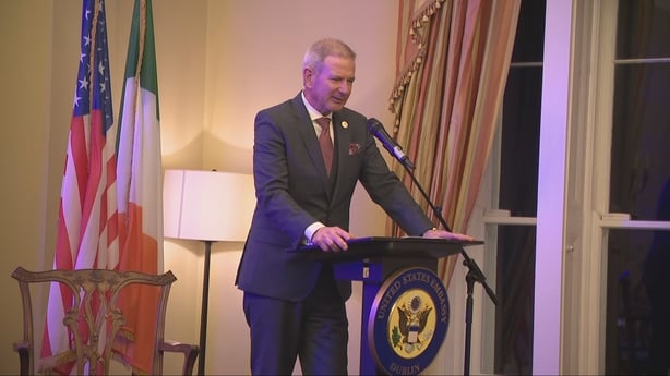 US Ambassador Edward Walsh addresses a crowd at the ambassador's residence in Dublin