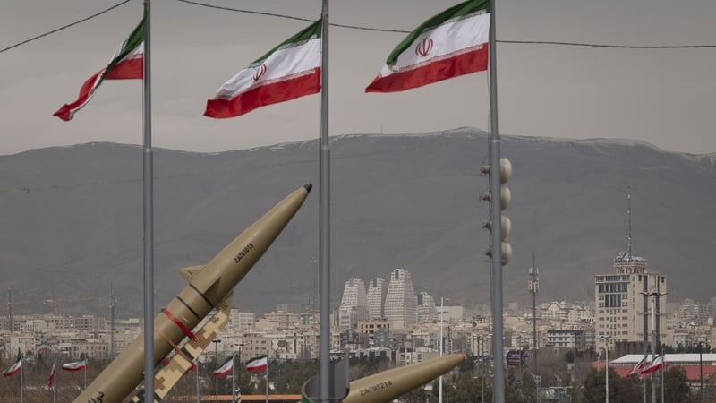 Two Iran-made ballistic missiles at a rally in Tehran