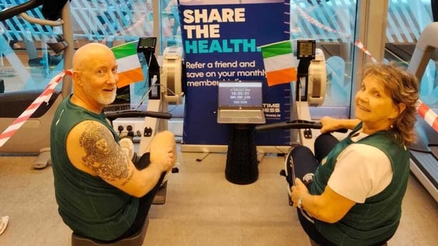 Mary McBride (R) , 70, who will compete in the finals of a World Rowing virtual event and her coach David O'Reilly