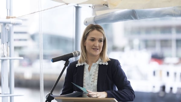 Photo Shows Minister for Foreign Affairs of Ireland and for Defence Helen McEntee TD launching of the Maritime Defence Strategy on board the Le. Samuel Beckett