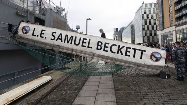 Minister for Foreign Affairs of Ireland and for Defence Helen McEntee TD launching of the Maritime Defence Strategy boarding the Le. Samuel Beckett Irish Navy Ship