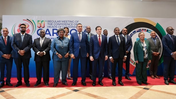 US Secretary of State Marco Rubio participates in a family photo with Caribbean Community (CARICOM) heads of government in Basseterre, Saint Kitts and Nevis, February 25, 2026. Rubio is meeting with Caribbean leaders seeking a common line on Venezuela and pressure on Cuba. He's also addressing Presi