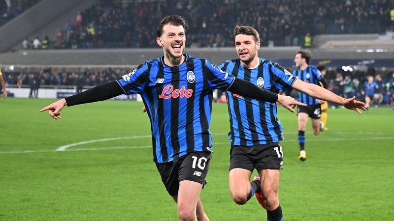 BERGAMO, ITALY - FEBRUARY 25: Lazar Samardzic of Atalanta BC celebrates with teammates Berat Djimsiti after scoring his team fourth goal ,during the UEFA Champions League 2025/26 League Knockout Play-off Second Leg match between Atalanta BC and Borussia D