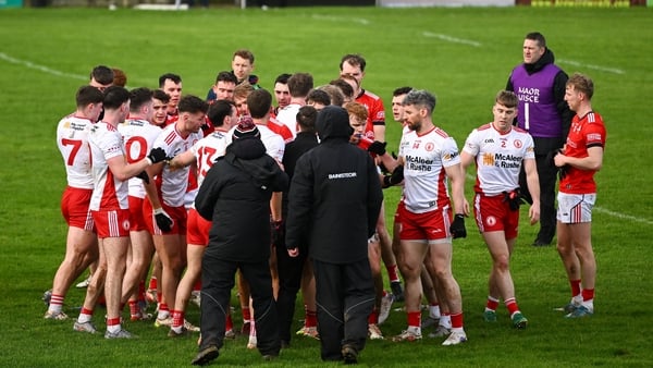 Players from both teams tussle during the Allianz Football League Division 2 match between Louth and Tyrone at DEFY Pairc Mhuire in Ardee, Louth