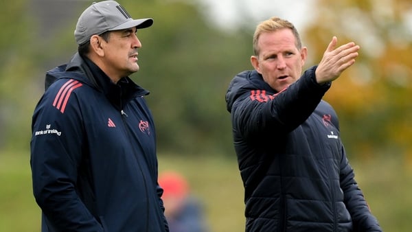 13 October 2025; Head coach Clayton McMillan, left, and senior coach Mike Prendergast during a Munster Rugby squad training session at the University of Limerick in Limerick. Photo by Brendan Moran/Sportsfile