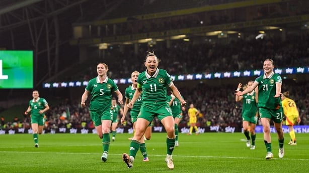 24 October 2025; Katie McCabe of Republic of Ireland celebrates after scoring her side's third goal during the UEFA Women's Nations League A/B promotion/relegation play-off first leg match between Republic of Ireland and Belgium at the Aviva Stadium in Dublin. Photo by Stephen McCarthy/Sportsfile