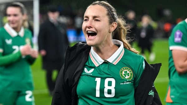 Kyra Carusa of Republic of Ireland celebrates after the UEFA Women's Nations League A/B promotion/relegation play-off first leg match between Republic of Ireland and Belgium at the Aviva Stadium in Dublin.