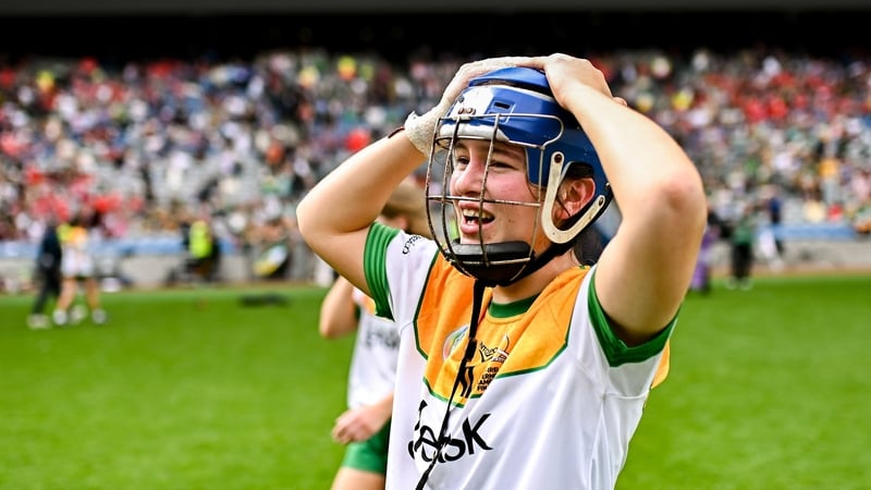 10 August 2025; Ciara Maher of Offaly after her side's victory in the Glen Dimplex All-Ireland Intermediate Camogie Championship final match between Offaly and Kerry at Croke Park in Dublin. Photo by Piaras Ó Mídheach/Sportsfile