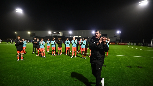 20 February 2026; Drogheda United manager Kevin Doherty and his players applaud toward their supporters after the SSE Airtricity Men's Premier Division match between Dundalk and Drogheda United at Oriel Park in Dundalk, Louth. Photo by Ben McShane/Sportsfile