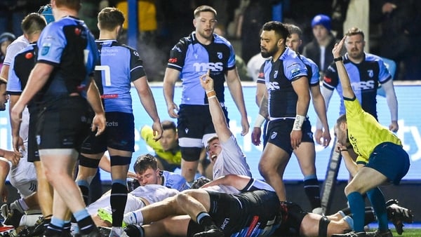 2 March 2024; John McKee of Leinster celebrates as Michael Milne of Leinster, obscured, scores his side's fourth try during the United Rugby Championship match between Cardiff and Leinster at Cardiff Arms Park in Cardiff, Wales. Photo by Harry Murphy/Spor