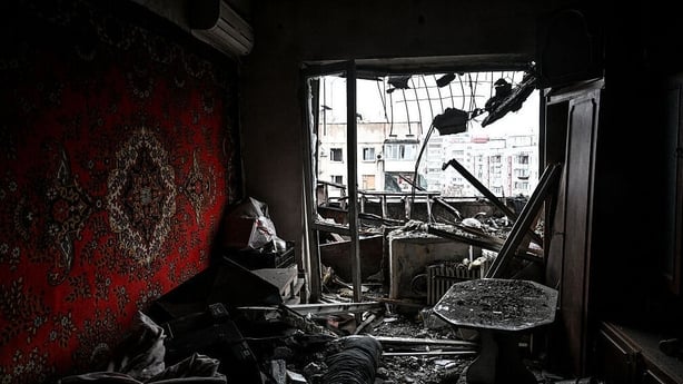 The interior of one of the apartments in a residential multi-storey building is damaged as a result of a Russian strike drone strike