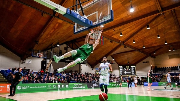 Neal Quinn of Ireland scores a dunk during the FIBA Basketball World Cup 2027 European Pre-Qualifiers first round match between Ireland and Azerbaijan at the National Basketball Arena in Tallaght, Dublin. Photo by Tyler Miller/Sportsfile