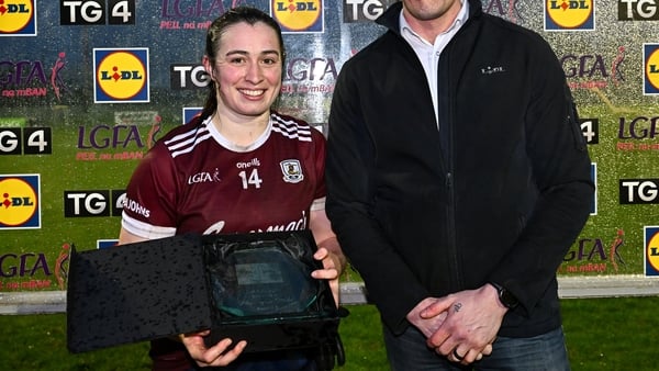 Leanne Coen of Galway receives the Player of the Match award from Andy Nolan, Store Manager, Lidl Tuam, following the 2026 Lidl National League Division 1 Round 4 fixture between Galway and Armagh at Duggan Park, Ballinasloe, Co. Galway.