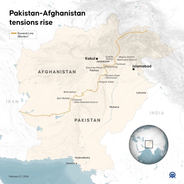 An infographic titled "Pakistan-Afghanistan tensions rise" created in Ankara, Turkiye on February 27, 2026
