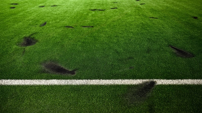A view of the damage to the pitch after the SSE Airtricity Men's Premier Division match between Dundalk and Drogheda United at Oriel Park in Dundalk, Louth.