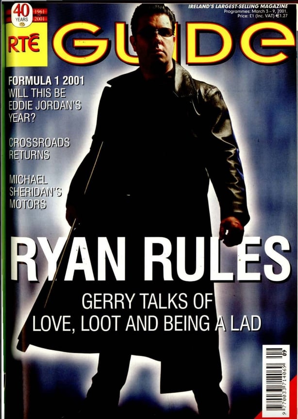 Gerry Ryan in black coat on the cover of the RTE Guide
