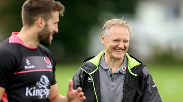 21 August 2018; Stuart McCloskey chats with Ireland Head Coach Joe Schmidt during Ulster Rugby training at Pirrie Park, in Belfast. Photo by John Dickson/Sportsfile