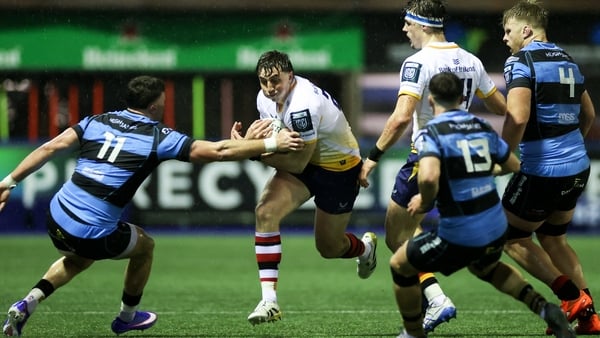 27 February 2026; Charlie Tector of Leinster is tackled by Mason Grady of Cardiff Rugby during the United Rugby Championship match between Cardiff and Leinster at Cardiff Arms Park in Cardiff, Wales. Photo by Chris Fairweather/Sportsfile