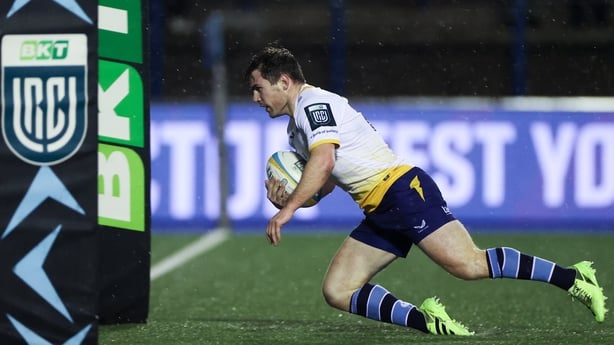 27 February 2026; Luke McGrath of Leinster scores his side a try during the United Rugby Championship match between Cardiff and Leinster at Cardiff Arms Park in Cardiff, Wales. Photo by Chris Fairweather/Sportsfile