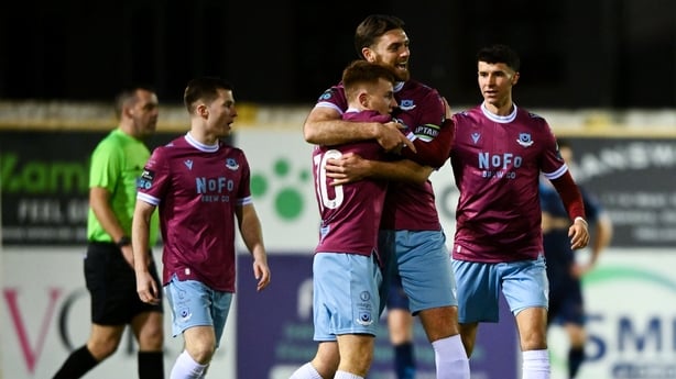 Brendon Kavanagh (10) celebrates with team-mate Conor Keely after opening the scoring