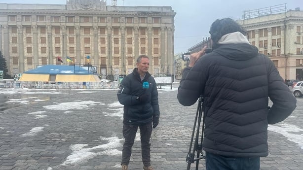 Tony Connelly speaking outside the regional administration building, Freedom Square, Kharkiv