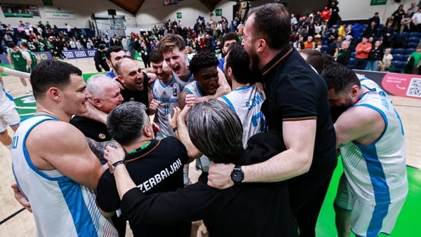 27 February 2026; Azerbaijan players and staff celebrate after their victory in the FIBA EuroBasket 2029 Pre-Qualifiers Group A match between Ireland and Azerbaijan at the National Basketball Arena in Dublin. Photo by Thomas Flinkow/Sportsfile