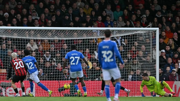 Sunderland's Eliezer Mayenda (2L) scores the opening goal during the English Premier League football match between Bournemouth and Sunderland at the Vitality Stadium in Bournemouth, southern England on February 28, 2026. 