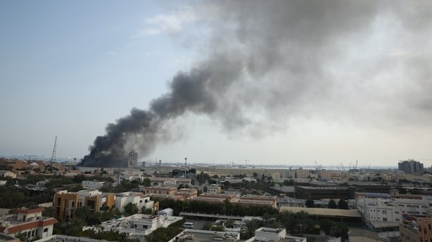 Smoke rises after Iran launched a missile attack targeting the headquarters of the U.S. Navyâs Fifth Fleet in Manama, Bahrain