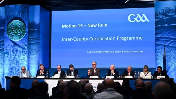 28 February 2026; Uachtarán Chumann Lúthchleas Gael Jarlath Burns speaking during debate on Motion 15 during day two of the GAA Annual Congress at Croke Park in Dublin. Photo by Piaras Ó Mídheach/Sportsfile