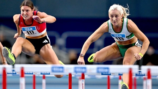 Sarah Lavin of Emerald AC, Limerick, right, on her way to winning the women's 60m hurdles ahead of Kate O'Connor of Dundalk St Gerards AC, Louth, during day one of the 123.ie National Senior Indoor Championships at the National Indoor Arena on the Sport I