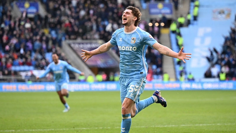 COVENTRY, ENGLAND - FEBRUARY 28: Jack Rudoni of Coventry celebrates after scoring the winning goal during the Sky Bet Championship match between Coventry City and Stoke City at The Coventry Building Society Arena on February 28, 2026 in Coventry, England.