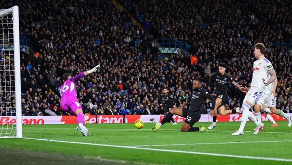 LEEDS, ENGLAND - FEBRUARY 28: Antoine Semenyo of Manchester City scores a goal to make it 0-1 during the Premier League match between Leeds United and Manchester City at Elland Road on February 28, 2026 in Leeds, United Kingdom. (Photo by Robbie Jay Barra