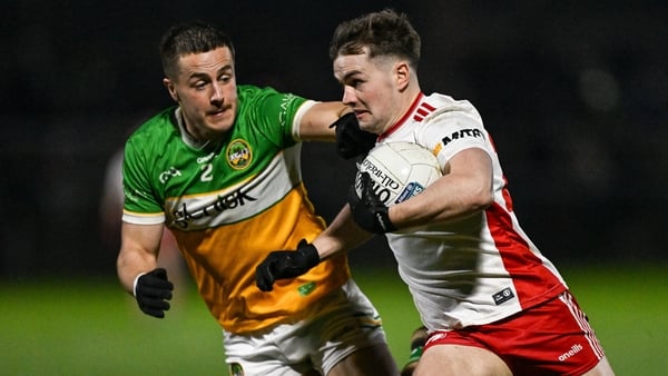 28 February 2026; Ruairi Canavan of Tyrone in action against Shane O'Toole Greene of Offaly during the Allianz Football League Division 2 match between Tyrone and Offaly at O'Neill Park in Dungannon, Tyrone. Photo by Ramsey Cardy/Sportsfile