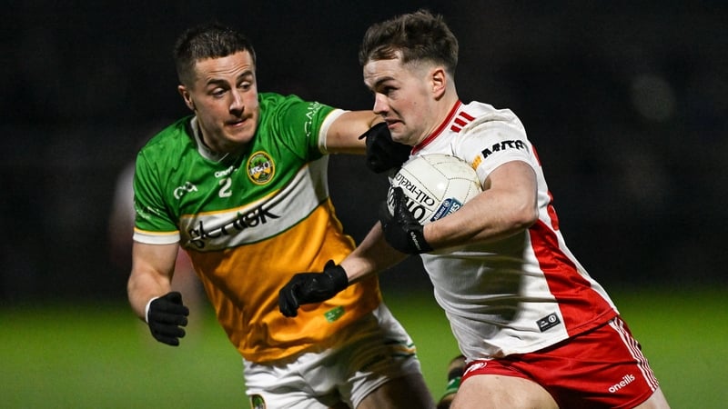 28 February 2026; Ruairi Canavan of Tyrone in action against Shane O'Toole Greene of Offaly during the Allianz Football League Division 2 match between Tyrone and Offaly at O'Neill Park in Dungannon, Tyrone. Photo by Ramsey Cardy/Sportsfile