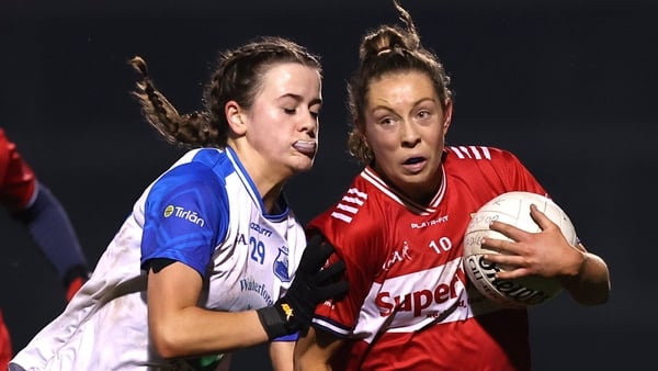 28 February 2026; Rachel Leahy of Cork in action against Ruby Browne of Waterford during the Lidl Ladies National Football League Division 1 Round 7 match between Cork and Waterford at Páirc Uí Rinn in Cork. Photo by Michael P Ryan/Sportsfile