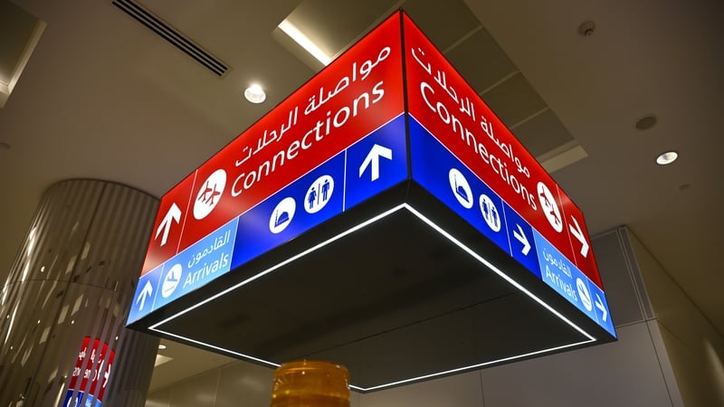 Connecting flights directional sign in Dubai International Airport in Dubai, United Arab Emirates