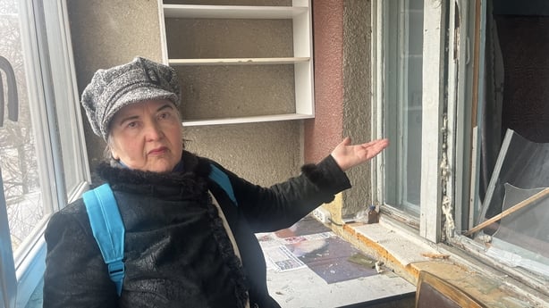 Margarita Belkina, a pensioner from Kharkiv, in her damaged flat 