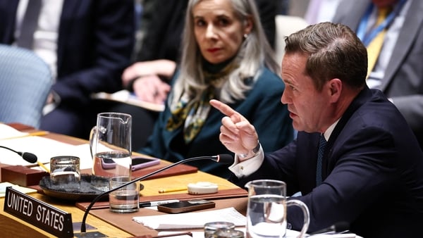 US National Security Advisor Mike Waltz addresses the Iranian delegation during a United Nations Security Council meeting on the situation in the Middle East at UN headquarters in New York