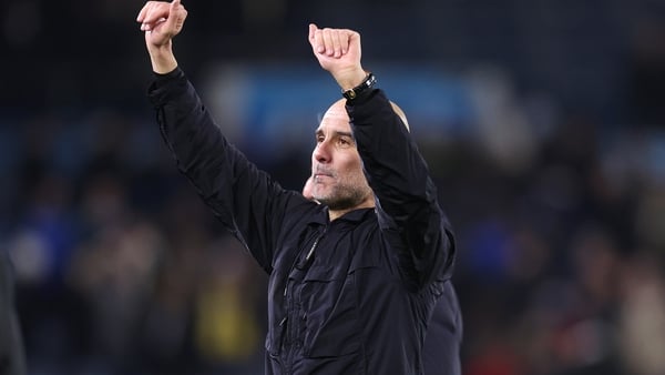 Pep Guardiola, Manager of Manchester City celebrates with their support following the Premier League match between Leeds United and Manchester City at Elland Road on February 28, 2026 in Leeds, England.