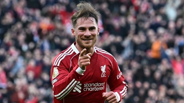 Liverpool's Argentinian midfielder #10 Alexis Mac Allister celebrates after scoring their third goal during the English Premier League football match between Liverpool and West Ham United at Anfield in Liverpool, north west England on February 28, 2026.