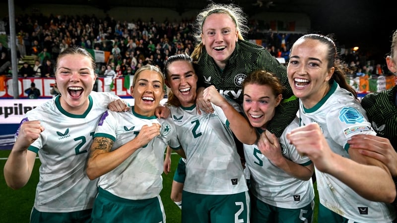 Republic of Ireland players, from left, Emily Murphy, Denise O’Sullivan, Jessie Stapleton, Amber Barrett, Aoife Mannion and Anna Patten after the UEFA Women's Nations League A/B promotion/relegation play-off second leg match between Belgium and Republic o