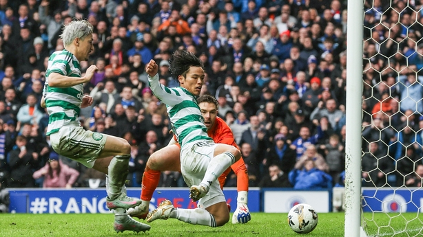 GLASGOW, SCOTLAND - MARCH 01: Celtic's Reo Hatate scores to make it 2-2 during a William Hill Premiership match between Rangers and Celtic at Ibrox Stadium, on March 01, 2026, in Glasgow, Scotland. (Photo by Craig Williamson/SNS Group via Getty Images)
